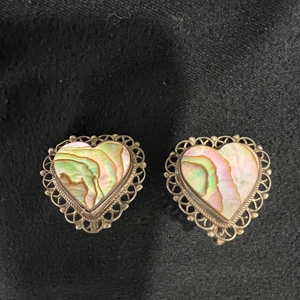 Vintage Sterling Earrings Mexico 925 Abalone Heart Screw Back Crown Mark Filagr